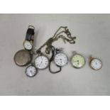 Six pocket watches to include two silver, open faced examples, a full hunter and a wristwatch