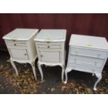 Painted furniture to include a pair of bedside tables, on cabriole legs and a three drawer chest