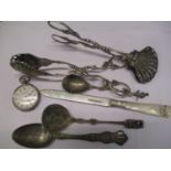A mixed lot to include white metal cutlery, a silver knife and a ladies fob watch