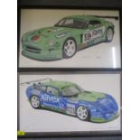A pair of signed limited edition prints depicting racing cars
