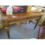 A Victorian oak carved side table having single inset drawer, bulbous supports and tapered legs 32"H