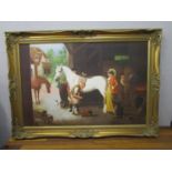 A 20th century oil painting of an Edwardian blacksmiths scene, shoeing a horse, framed