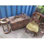 A mixed lot to include a 19th century dining chair, a stick stand, a twin handled trunk and a