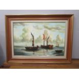A 20th century oil painting in the 19th century style of ships, framed