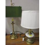 A cast brass club lamp with a green silver shade and another brass and onyx lamp, pat tested and