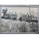 After R Casaro - a New York skyline with various film characters of an RSJ print, 39" x 27", framed