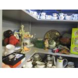 A mixed lot to include a Sorrento musical table, dolls, a boxed Pelham Puppet, a teaset, glassware