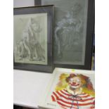 Three pictures to include M Warner - a portrait of a clown and two limited edition nude portraits
