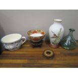 A Minton chamber pot, a reproduction glass bottle, a Franklin porcelain vase, a German porcelain