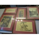 Five mixed early 20th century engravings to include R E Howarth engravings depicting a street scene