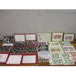 Six United Kingdom Proof Coin collections circa 1980, together with other coins and mounted