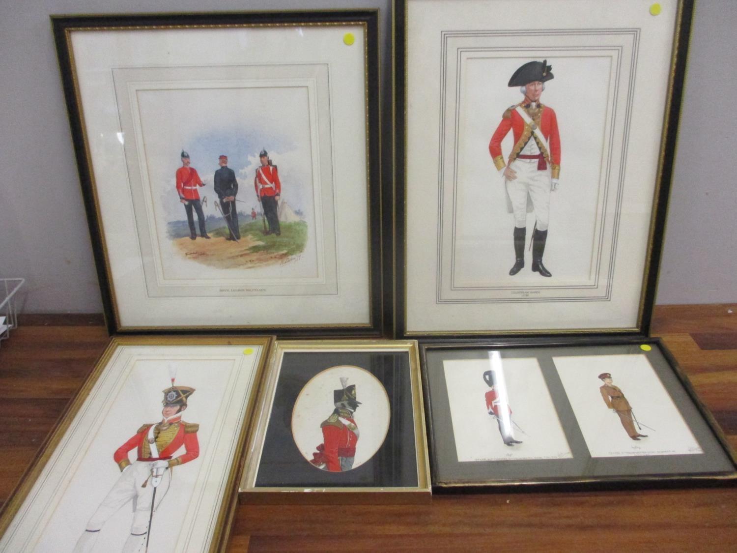 Five watercolours depicting British soldiers in uniforms, through the ages, 1790-1969