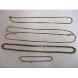 Three 9ct gold necklaces to include a box chain and a 9ct gold bracelet, 40.48g