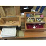 A camphor wood box and another wooden box containing various silver and costume jewellery to include