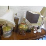 Mixed table lamps to include one having a wall paper print block column and others