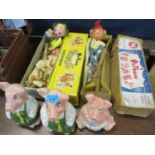 Two Pelham puppets and four Nat West Wade pig money boxes