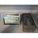 A framed Bank of England £1 banknote, Chief Cashier P S Beale serial number X69B097332, and a