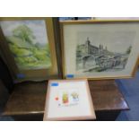 Three pictures to include J Martindale - 'Pigs playing conkers', watercolour signed lower left side,
