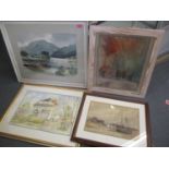 Four pictures to include E Grieg Hall - watercolour, landscape depicting a mountain, lakeside scene,