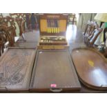 A 1930s cutlery box, three mixed trays and mixed knives