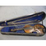 A 19th century violin by Hopf with one piece back, in fitted case with two bows, 23 1/5"l