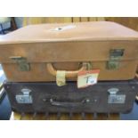 Two vintage suitcases, one in a mid tan leather, together with mixed ephemera, all commemorative