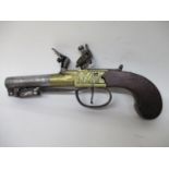 A late 18th/early 19th century English Flintlock pocket pistol with a sprung blade, a brass box