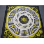 Hermes-A black and gold 'Dies et Hore' Zodiac print silk scarf, 34" x 35", signed F Faconnet in