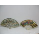 Two 19th century fans, each with a paper leaf printed and painted, one with a group of women, a