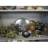 A mixed lot of silver plate and metalware to include a wine coaster