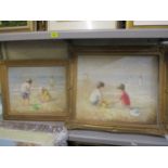 Two beech scenes each with children playing, oil on canvas framed