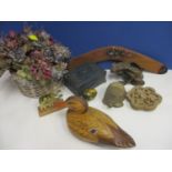 Jeff Duxbury, a Dux 'Dekes wooden decoy duck and other treen items, together with a basket of silk