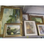 Mixed pictures to include oil paintings depicting country scenes, evening glow print and others