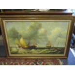 E Panthion - Ships on a rocky sea, an oil on canvas, signed lower right hand corner, in a gilt frame