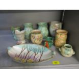 Collection of nine Crown Devon vases, jugs and a dish