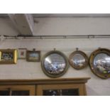 A collection of three vintage ship style wall mirrors, together with a winter oil on board and other