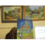 Three oil paintings to include a study of elephants, a view of a church and a view of a cottage