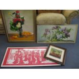 Pictures to include a Japanese paper stencil, Le Raffels, a still life oil on board and others