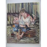 Atia - a scene with an angry boy trying to feed a baby, oil on canvas signed upper right corner,