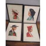 Pierre Jallet - Four French watercolours signed portraits, 5 1/2" x 3 1/2", framed