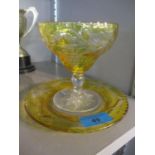 An early 20th century amber overlaid over crystal, cut and engraved glass compote and stand,