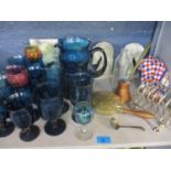 Glassware and other items to include a turquoise glass jug and goblet set, silver plated toast rack,