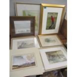 Mixed pictures to include an Ian Poulter signed photograph, Russell Flint prints, Leaton Hall