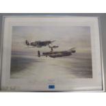 A Robert Taylor print entitled 'Memorial Flight' signed by three pilots, 24" x 17", framed