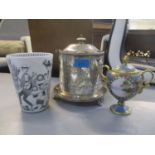 An early 20th century Japanese painted vase and cover, a silver plated biscuit barrel and an