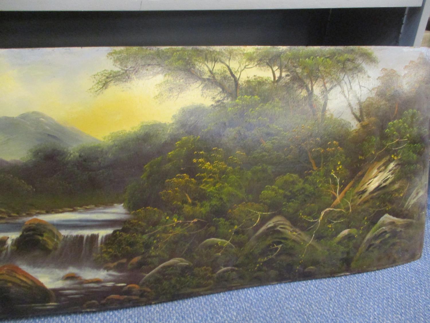 An early 20th century British School - a river landscape with trees, oil on board, 55 3/4" x 18 1/2" - Image 3 of 3