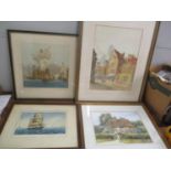 Four pictures to include a watercolour street scene signed C E Ellis, a watercolour depicting a girl