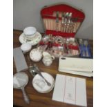 A mixed lot to include a silver hand mirror, canteen of cutlery, mixed china and other items