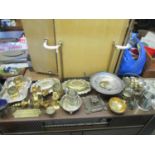 A quantity of mixed brass and silver plated items to include a Victorian inkwell