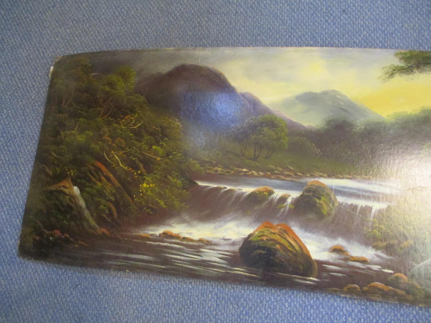 An early 20th century British School - a river landscape with trees, oil on board, 55 3/4" x 18 1/2" - Image 2 of 3